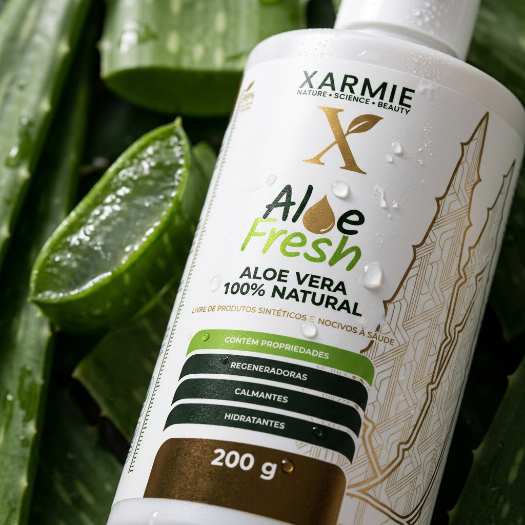 Produto Aloe Fresh Xarmie Naturais com folhas de aloe vera ao fundo